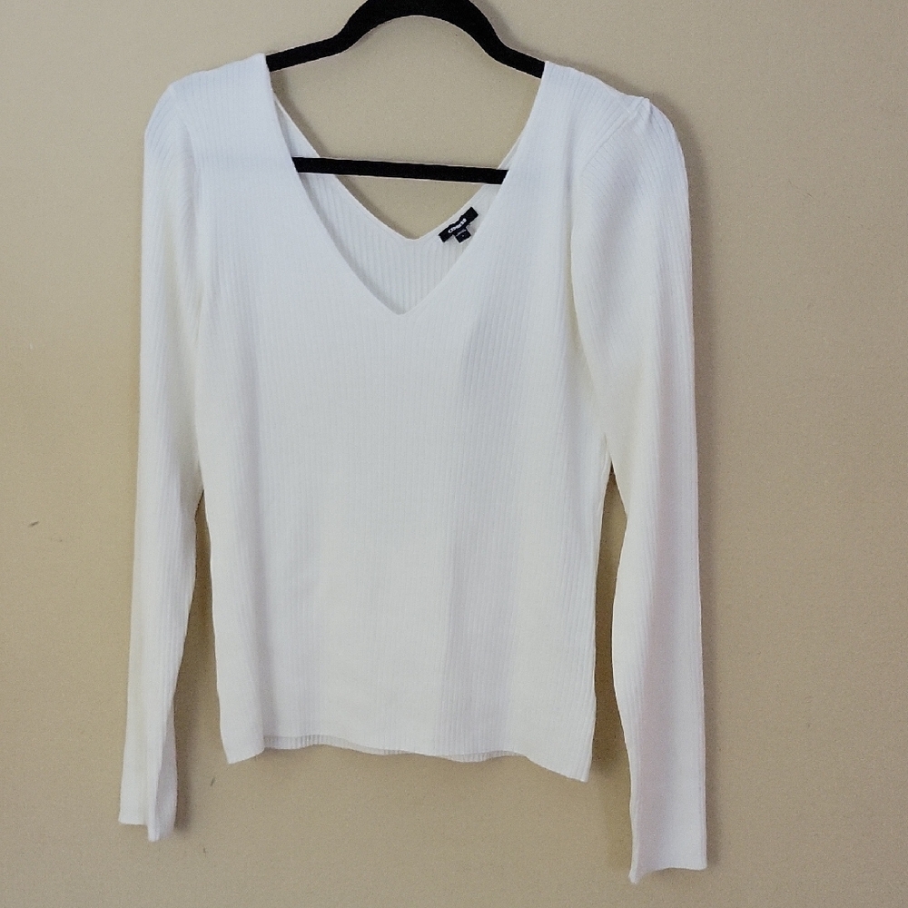 Express White Ribbed V-Neck Long Sleeve Top